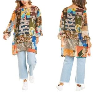 NWT Johnny Was Size XS Vera Tunic Cupra Rayon Boho Multicolor Split Neck $240